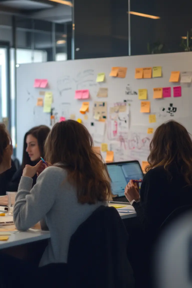 A design workshop in a studio with post it notes and whiteboards