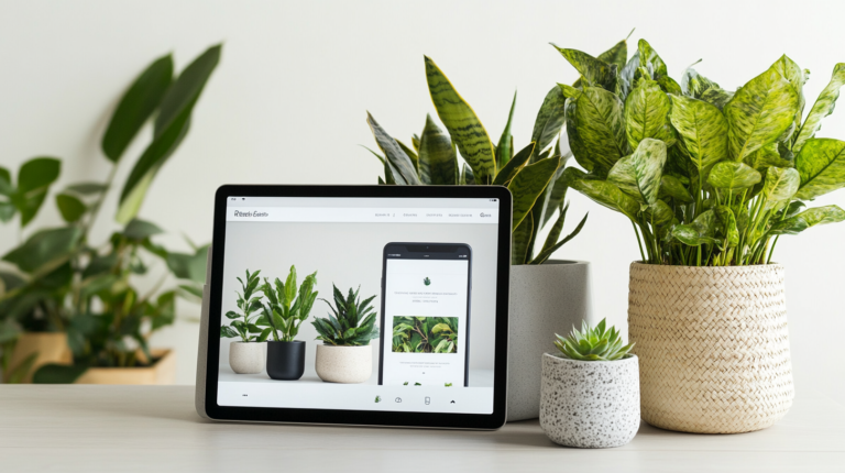 Plants on a desk next to a website on a device showing plants being sold online